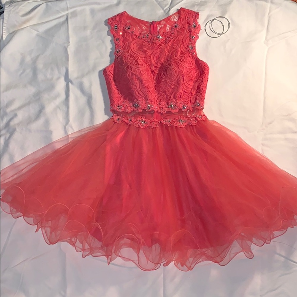 coral lace short prom dress